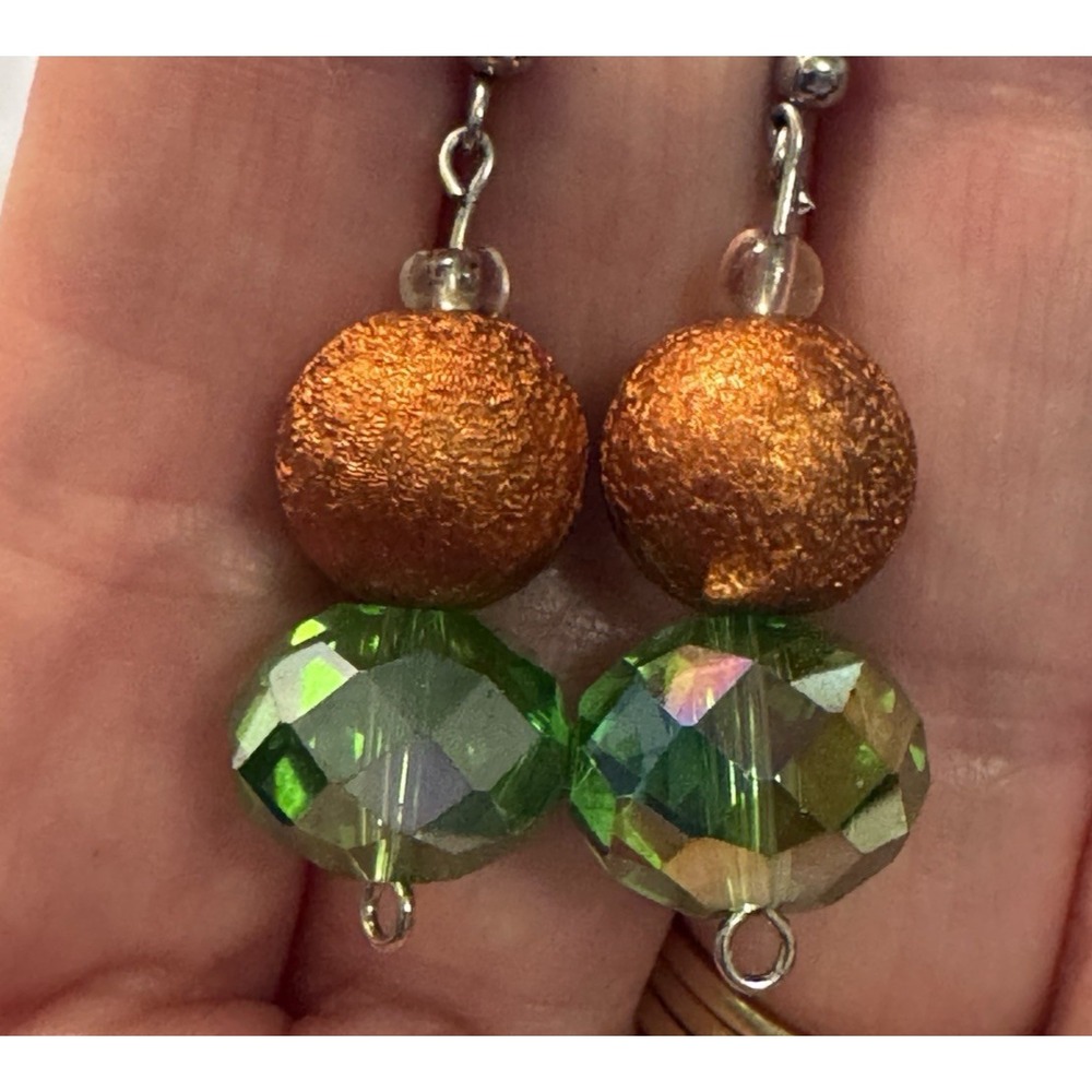 Handmade Green Faceted & Textured Copper Bead Dangle Drop Earrings Womens